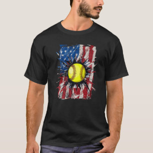Retro US Flag Softball July 4th Baseball Players P T-Shirt