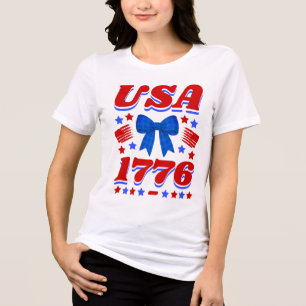 Retro USA 1776 Blue Gingham Bow Tri-Blend Shirt