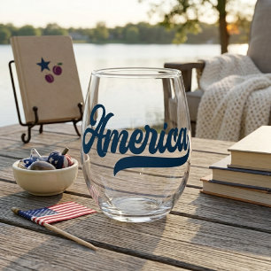 Retro USA America in Decorative Navy Blue Script Stemless Wine Glass