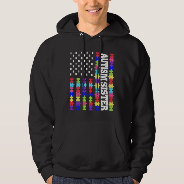 Retro Usa Flag Autism Sister Puzzle Autistic Aware Hoodie (Front)