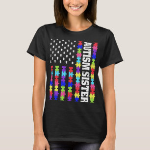 Retro Usa Flag Autism Sister Puzzle Autistic Aware T-Shirt