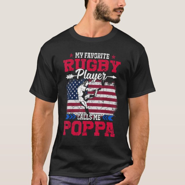 Retro Usa Flag Rugby Player Calls Me Poppa 4th Jul T-Shirt (Front)