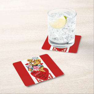 Retro Valentine Bear and Ice Cream Square Paper Coaster