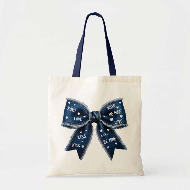 Retro Valentine Bow Denim  Tote Bag (Front)