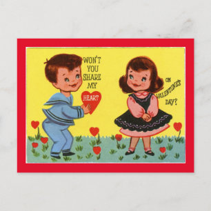 Retro Valentine Boy And Girl Postcard