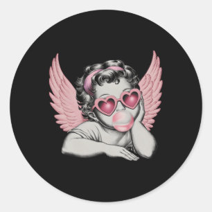 Retro Valentine Day Heart Sungles Cupid Blowing Bu Classic Round Sticker