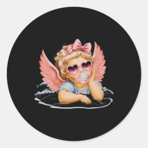 Retro Valentine Day Heart Sungles Cupid Blowing Bu Classic Round Sticker