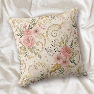 Retro Valentine Hearts and Roses Pattern Cushion