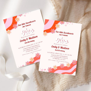Retro Valentine Sweetheart Twin 2nd Birthday Invitation