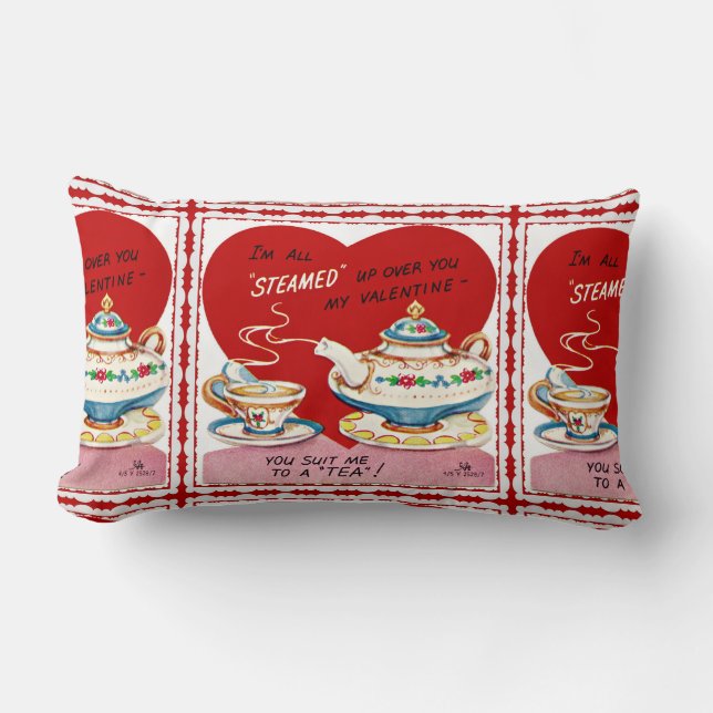 Retro Valentine Tea Cup and Teapot Lumbar Cushion (Front)