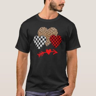 Retro Valentine Three Hearts Leopard Buffalo Plaid T-Shirt