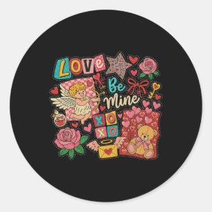 Retro Valentine Xoxo Be Mine Pink Cupid Chequered Classic Round Sticker