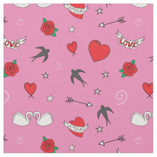 Retro Valentines Cute Pattern on Pink Fabric