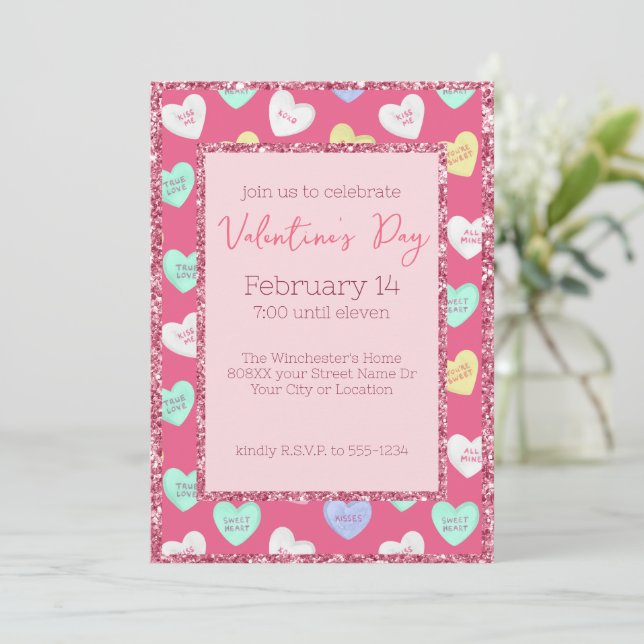 Retro Valentine's Day Candy Hearts on Pink Invitation (Standing Front)