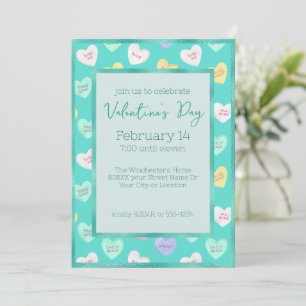 Retro Valentine's Day Candy Hearts on Teal Invitation