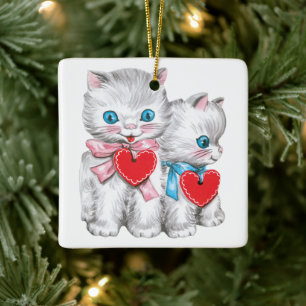 Retro Valentine's Day Cats, Vintage Cute Kitten Ceramic Tree Decoration