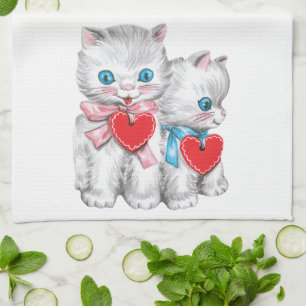 Retro Valentine's Day Cats, Vintage Cute Kitten Tea Towel