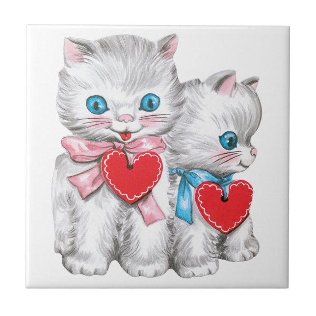 Retro Valentine's Day Cats, Vintage Cute Kitten Tile (Front)