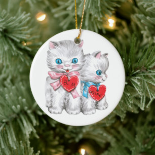Retro Valentine's Day Cats, Vintage Fluffy Kittens Ceramic Ornament