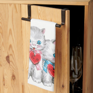 Retro Valentine's Day Cats, Vintage Fluffy Kittens Tea Towel