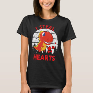 Retro Valentines Day Dinosaur I Steal Hearts Boys  T-Shirt