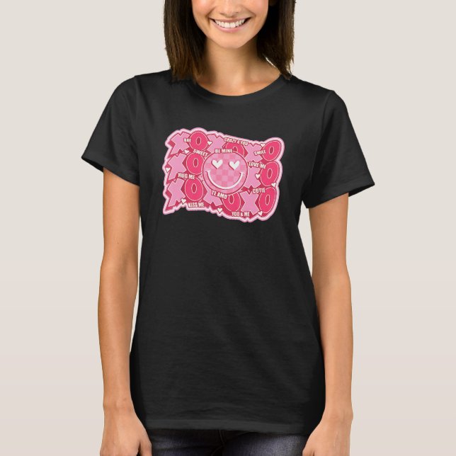 Retro Valentine's Day Hugs Kisses Happy Face XOXO T-Shirt (Front)