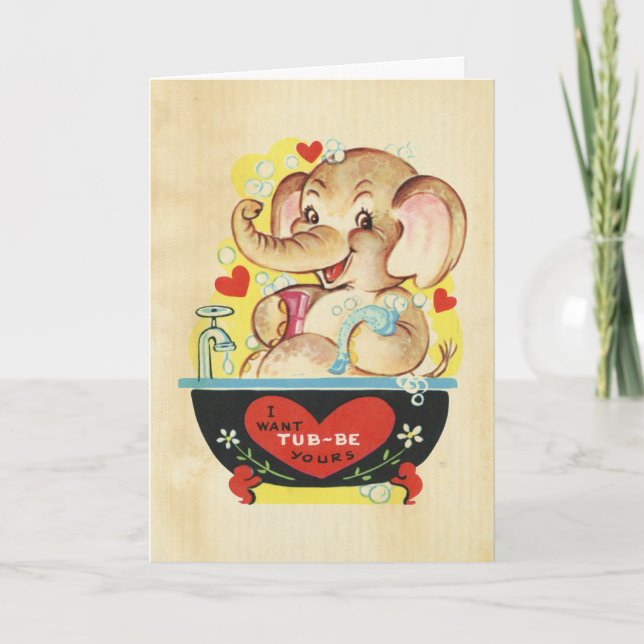 Retro Valentines Day kids Elephant Red Heart Photo Card (Front)