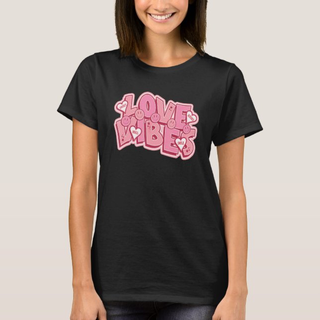 Retro Valentine's Day Love Vibes Happy Face Pink H T-Shirt (Front)