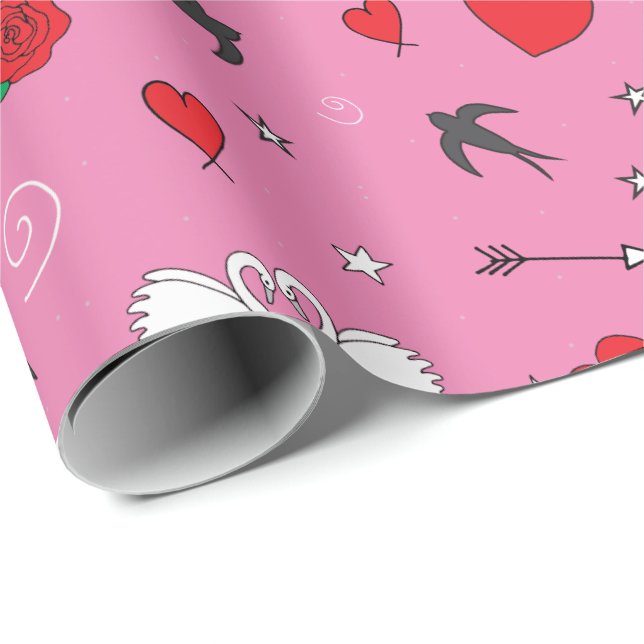 Retro Valentines Day Pattern on Pink Wrapping Paper (Roll Corner)