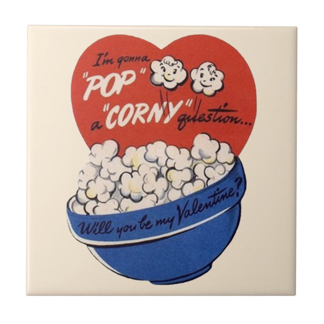 Retro Valentines Day, Popcorn Pop a Corny Question Tile (Front)