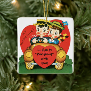 Retro Valentine's Day, Vintage Boy and Girl in Car Ceramic Tree Decoration