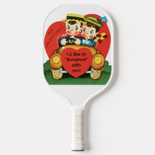 Retro Valentine's Day, Vintage Boy and Girl in Car Pickleball Paddle
