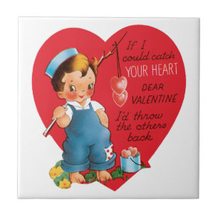 Retro Valentine's Day, Vintage Boy Fishing Hearts Ceramic Tile