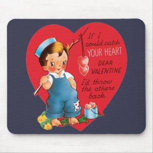 Retro Valentine's Day, Vintage Boy Fishing Hearts Mouse Pad