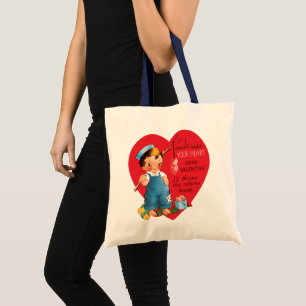 Retro Valentine's Day, Vintage Boy Fishing Hearts Tote Bag