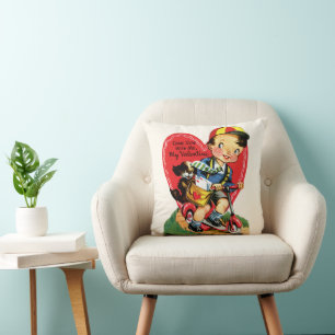 Retro Valentine's Day, Vintage Boy on a Scooter Cushion