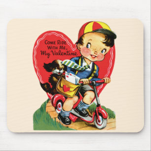 Retro Valentine's Day, Vintage Boy on a Scooter Mouse Pad