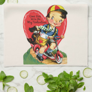 Retro Valentine's Day, Vintage Boy on a Scooter Tea Towel