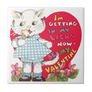 Retro Valentine's Day Vintage Cat Eating Ice Cream Ceramic Tile