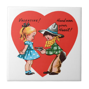 Retro Valentine's Day, Vintage Cowboy with Girll Ceramic Tile