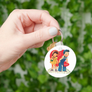 Retro Valentine's Day, Vintage Girl and Boy Hearts Key Ring