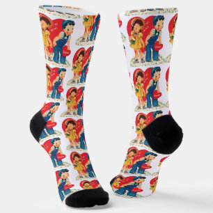 Retro Valentine's Day, Vintage Girl and Boy Hearts Socks