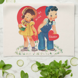 Retro Valentine's Day, Vintage Girl and Boy Hearts Tea Towel