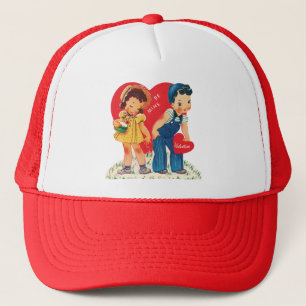 Retro Valentine's Day, Vintage Girl and Boy Hearts Trucker Hat