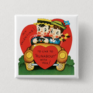 Retro Valentine's Day, Vintage Girl and Boy in Car 15 Cm Square Badge
