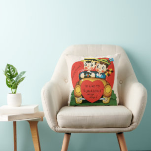 Retro Valentine's Day, Vintage Girl and Boy in Car Cushion