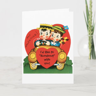 Retro Valentine's Day, Vintage Girl and Boy in Car Holiday Card