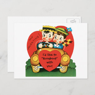 Retro Valentine's Day, Vintage Girl and Boy in Car Holiday Postcard