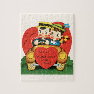 Retro Valentine's Day, Vintage Girl and Boy in Car Jigsaw Puzzle