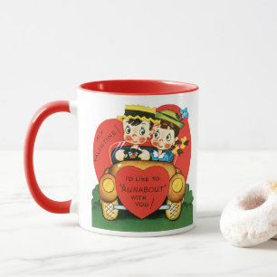 Retro Valentine's Day, Vintage Girl and Boy in Car Mug
